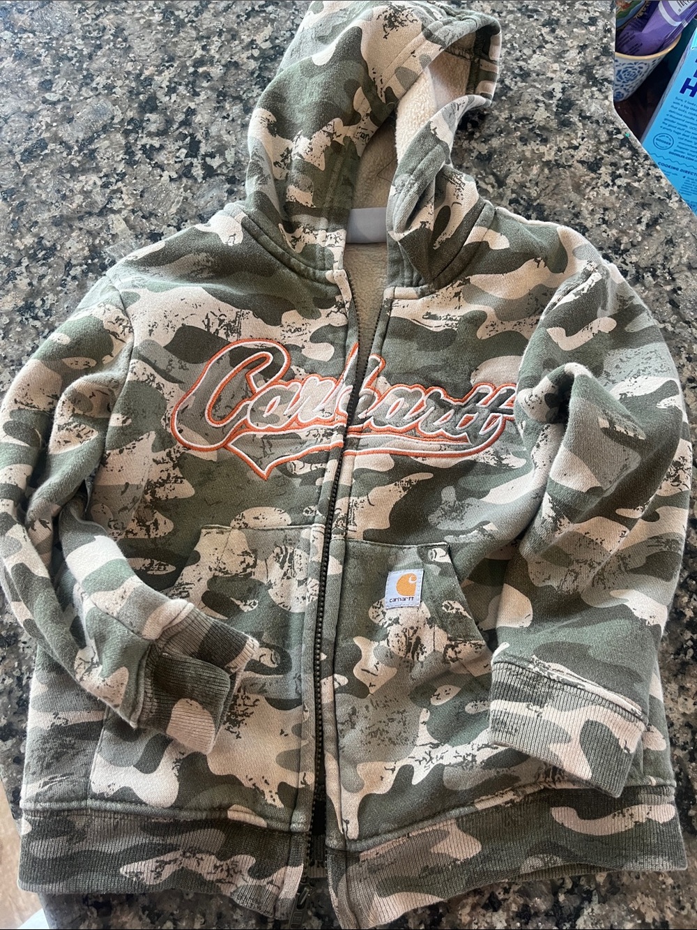 Carhartt Kids' Camo Zip Hoodie - Green & Cream with Orange Logo